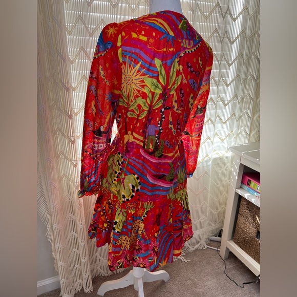 Farm Rio Printed Dress Red Size Small Short Beaded Cotton - Picture 10 of 10